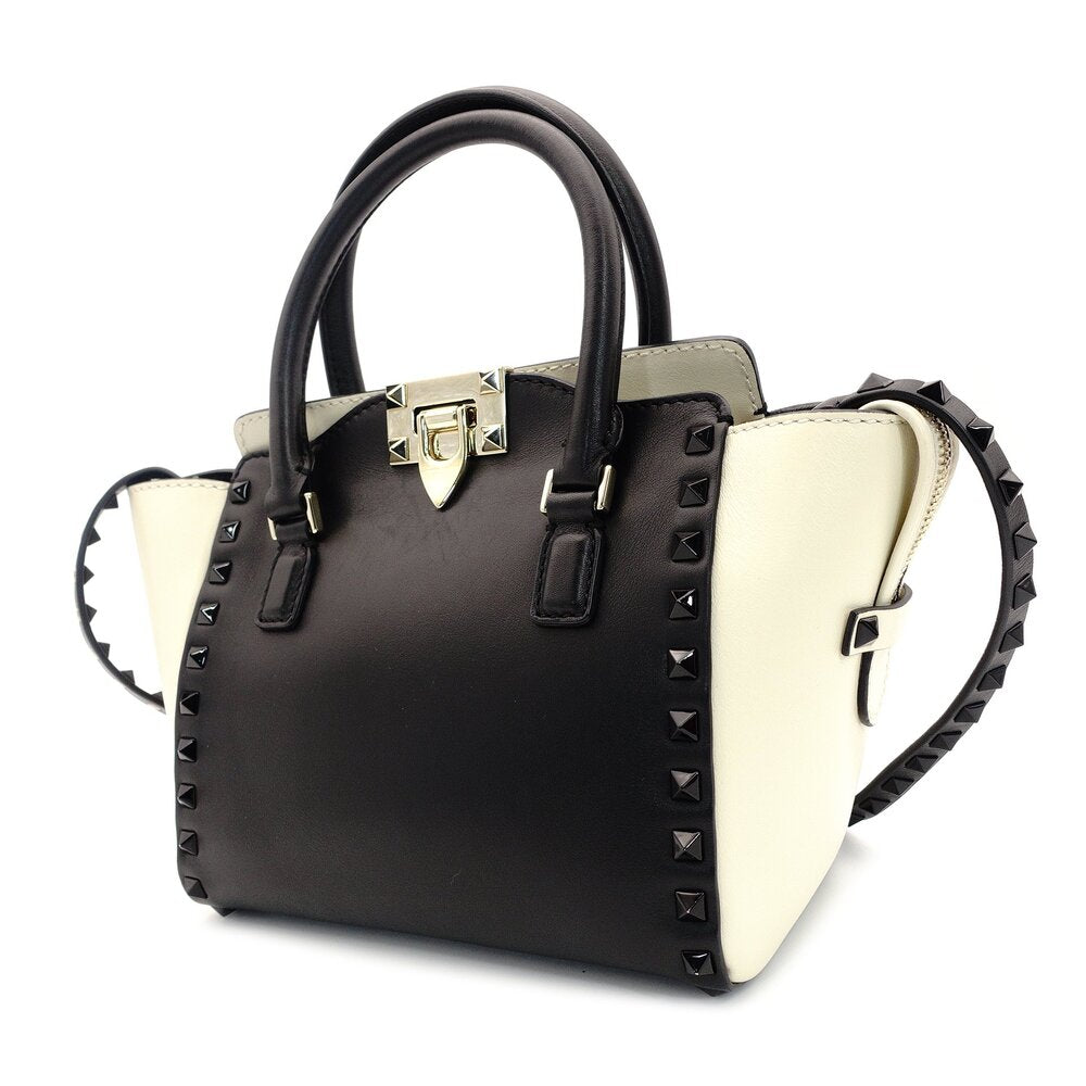 Valentino Garavani Rock Stud 2-Way Handbag Black × White Leather Black 7-7-312