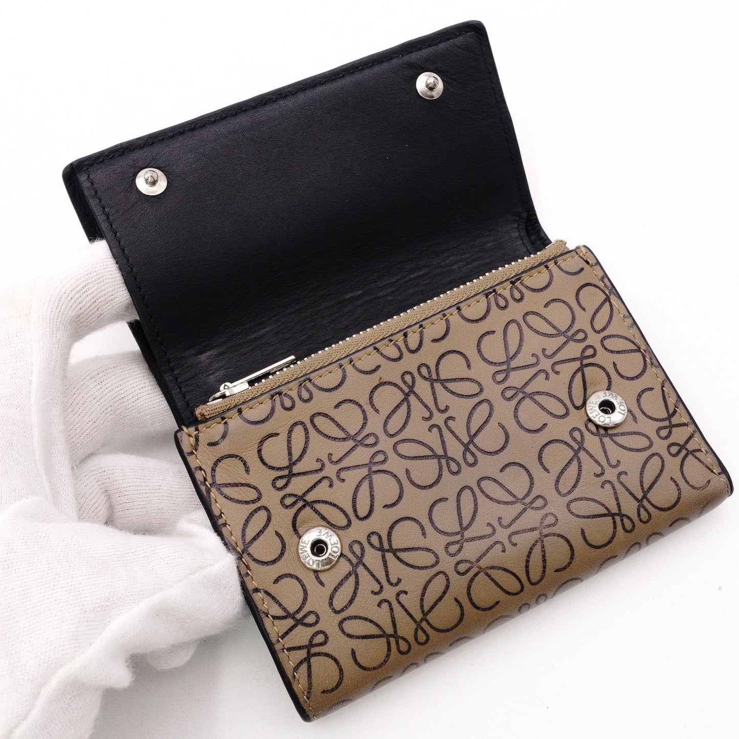 LOEWE Repeat Anagram Tri-fold Wallet, Leather, Brown, Wallet, Logo, Black