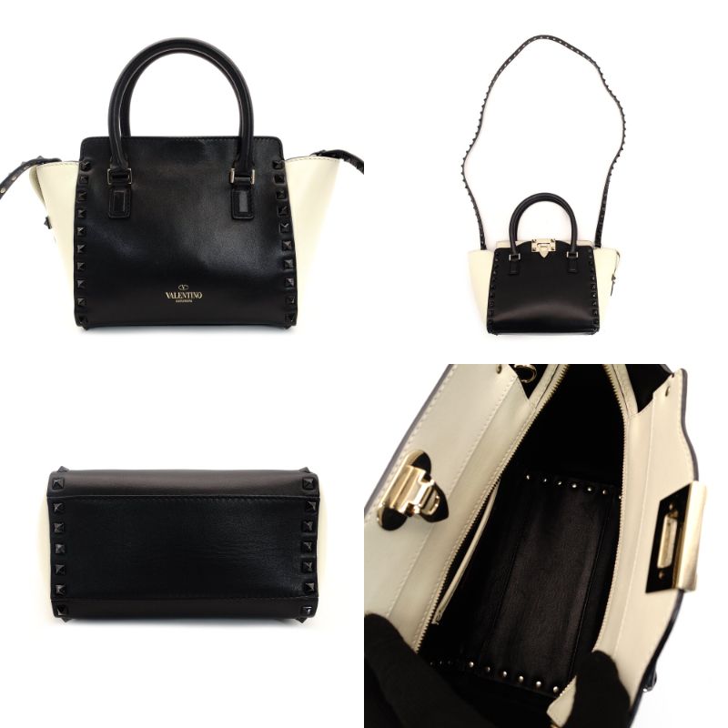 Valentino Garavani Rock Stud 2-Way Handbag Black × White Leather Black 7-7-312