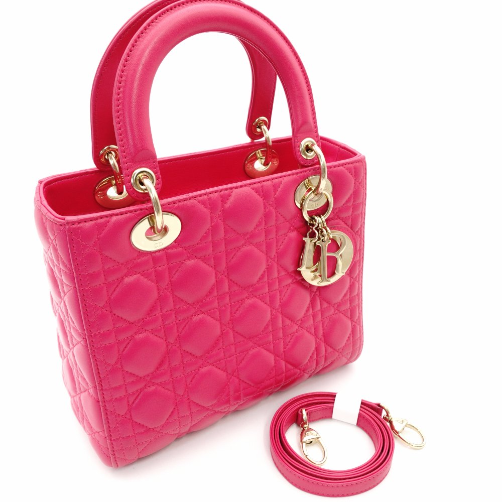 Christian Dior Lady Dior Handbag Pink Leather 2-Way Shoulder Gold Hardware Cannage R801703
