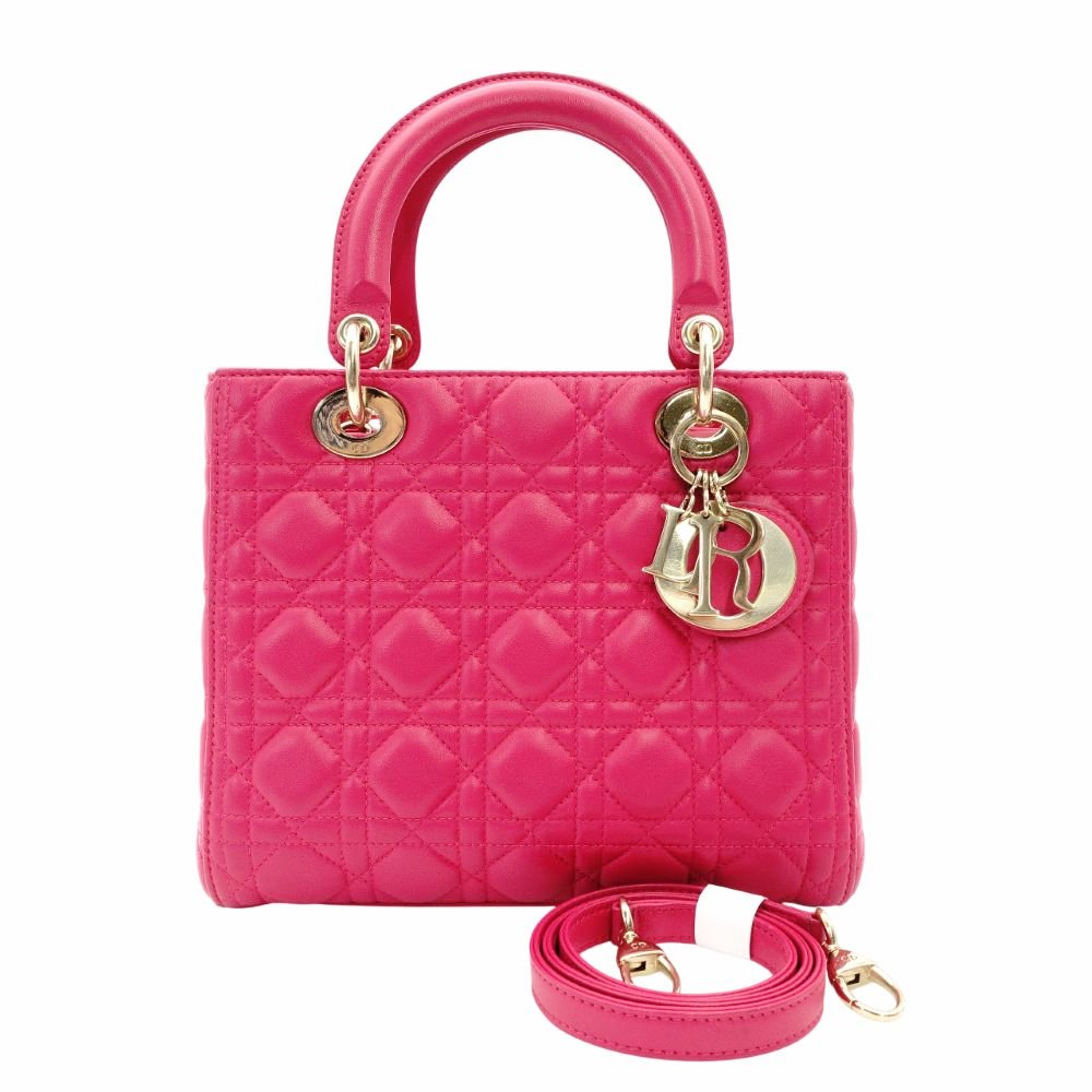 Christian Dior Lady Dior Handbag Pink Leather 2-Way Shoulder Gold Hardware Cannage R801703