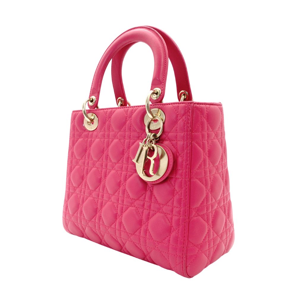 Christian Dior Lady Dior Handbag Pink Leather 2-Way Shoulder Gold Hardware Cannage R801703