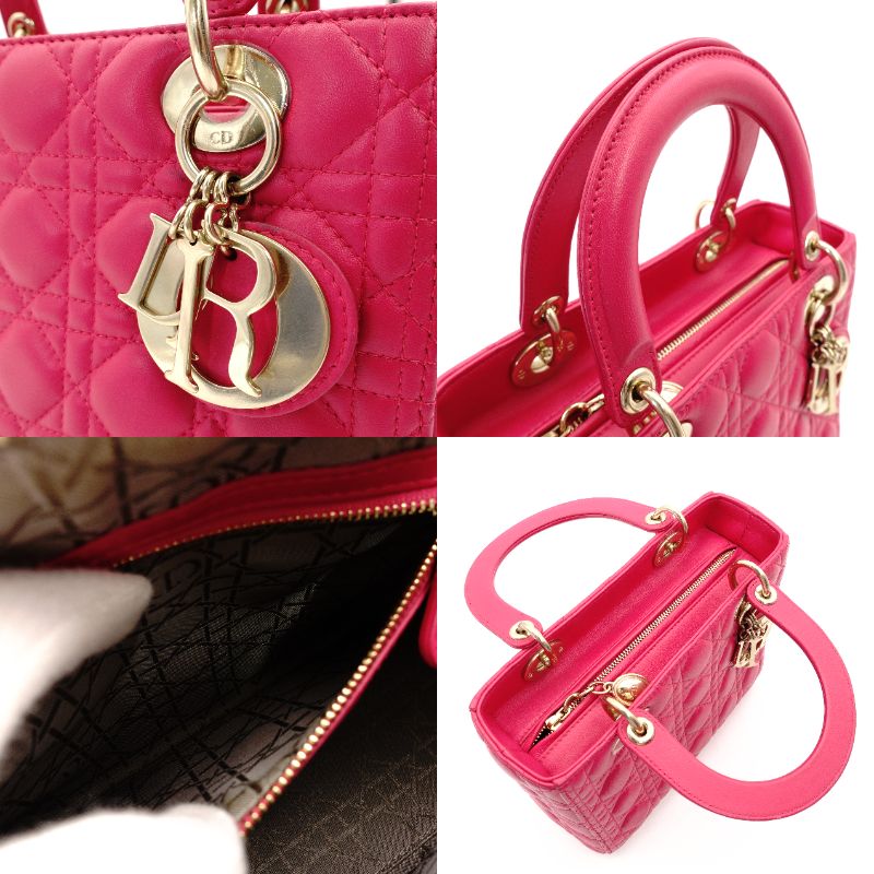 Christian Dior Lady Dior Handbag Pink Leather 2-Way Shoulder Gold Hardware Cannage R801703