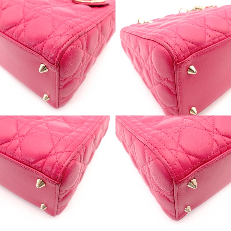 Christian Dior Lady Dior Handbag Pink Leather 2-Way Shoulder Gold Hardware Cannage R801703
