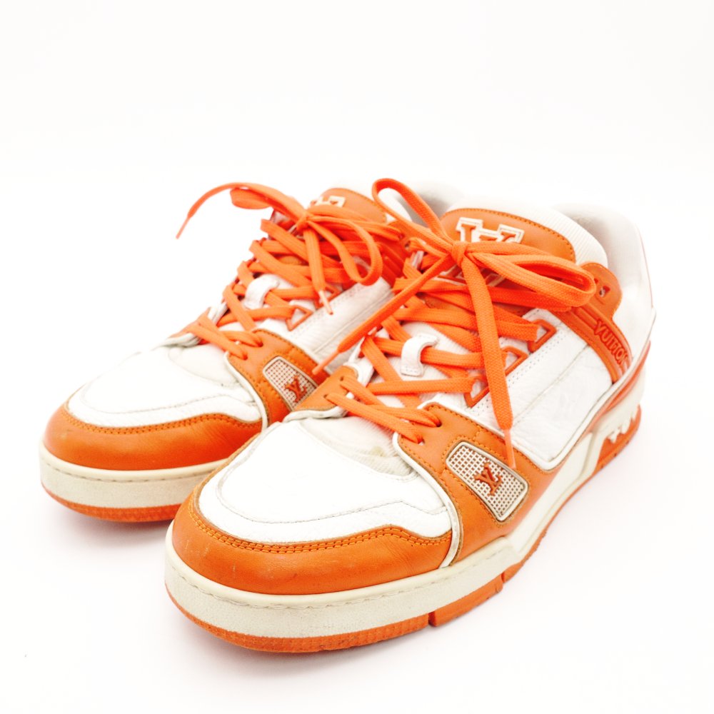 LOUIS VUITTON Trainer Line Sneakers Orange x White Leather Size 7.5 Approx. 10.6" R801478