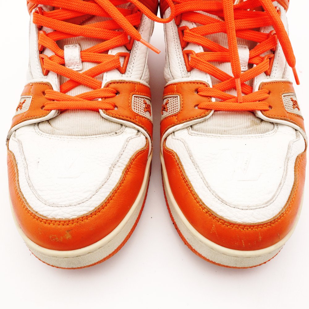 LOUIS VUITTON Trainer Line Sneakers Orange x White Leather Size 7.5 Approx. 10.6" R801478