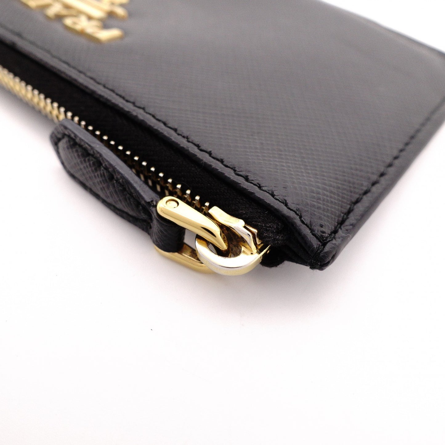 PRADA Fragment Coin Purse, Saffiano Leather, Black with Gold Hardware