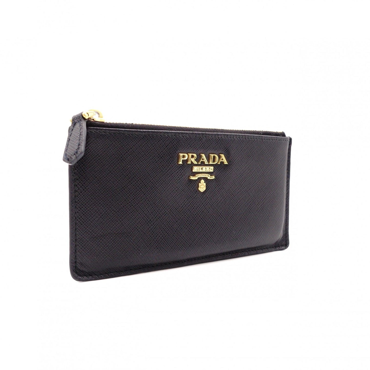 PRADA Fragment Coin Purse, Saffiano Leather, Black with Gold Hardware