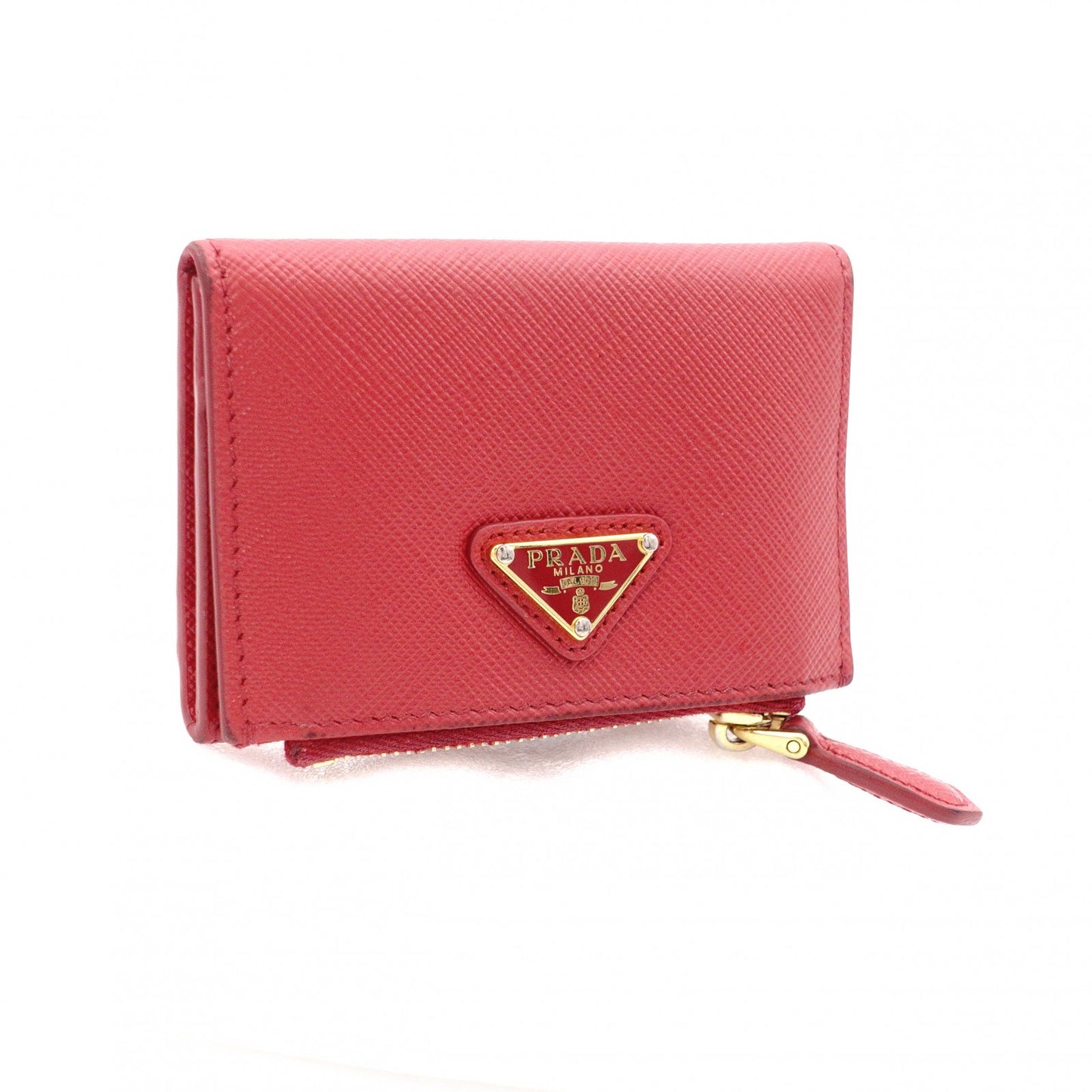PRADA Saffiano Leather Coin Purse, Red, with Triangle Logo and Gold Hardware