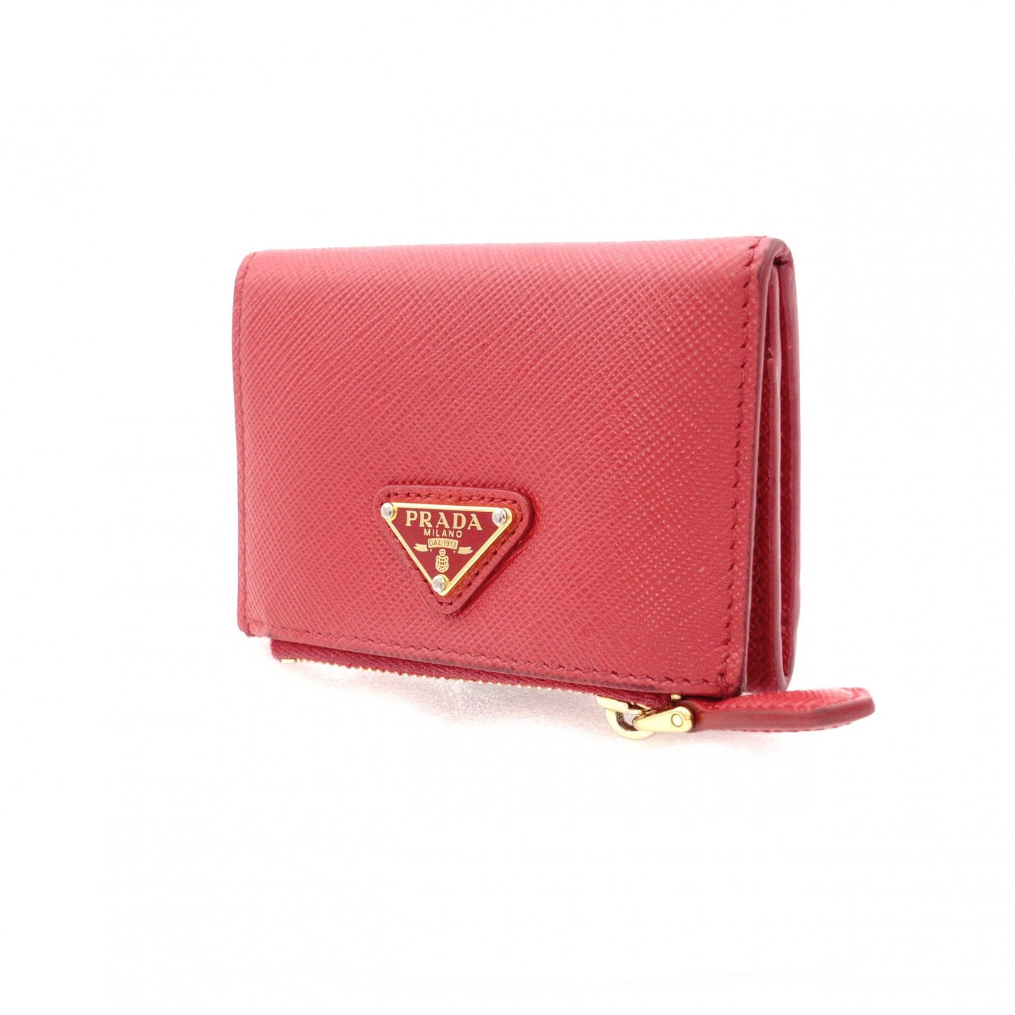 PRADA Saffiano Leather Coin Purse, Red, with Triangle Logo and Gold Hardware
