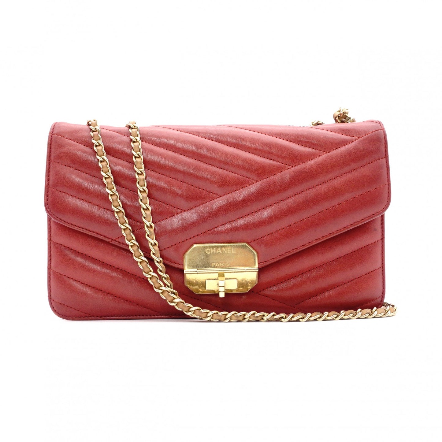 CHANEL Bias-Stitch Shoulder Bag, Leather, Red, Gold Hardware