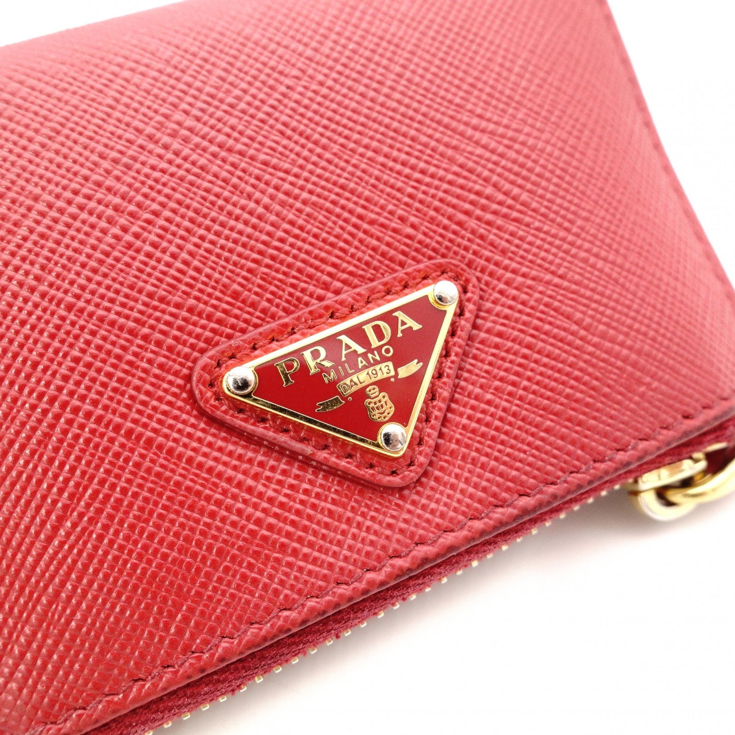 PRADA Saffiano Leather Coin Purse, Red, with Triangle Logo and Gold Hardware