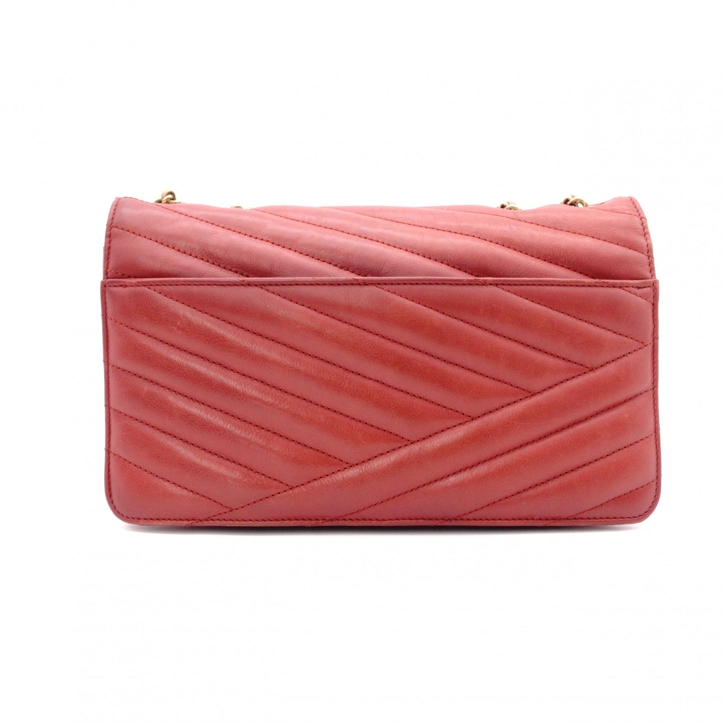 CHANEL Bias-Stitch Shoulder Bag, Leather, Red, Gold Hardware