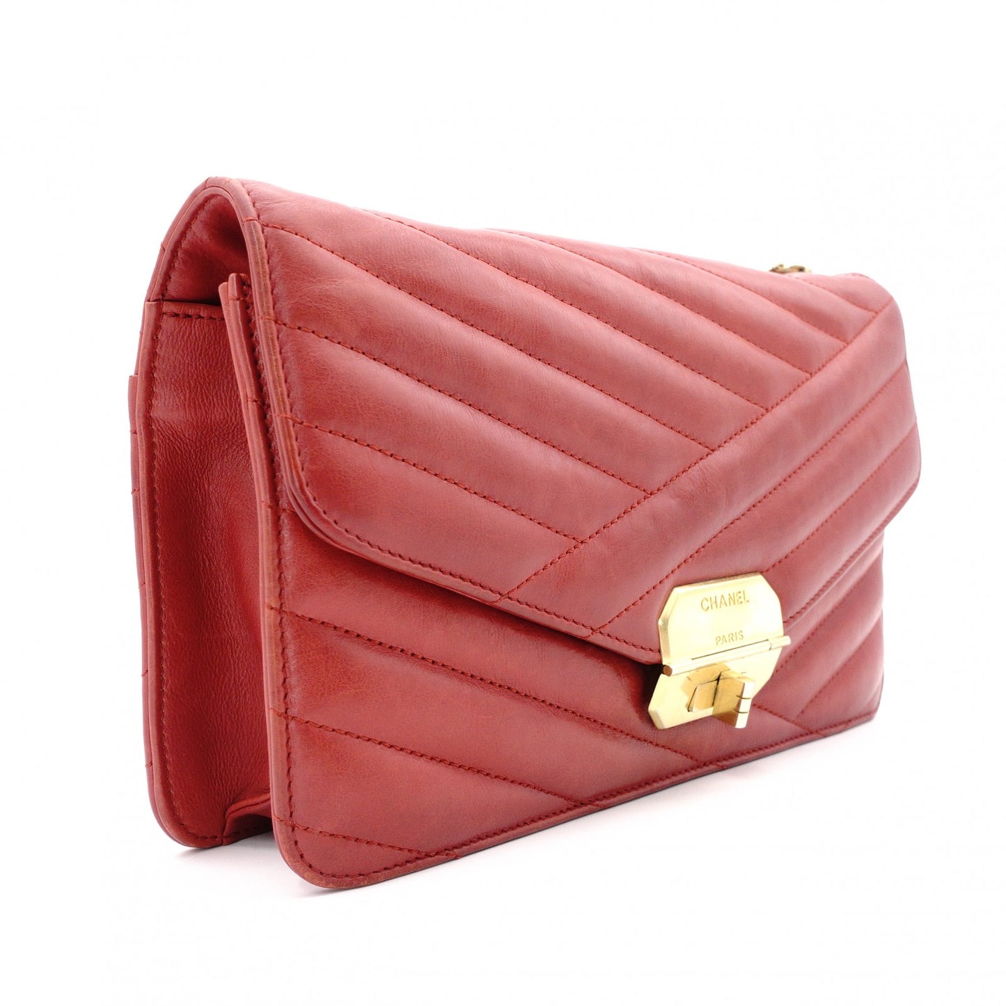 CHANEL Bias-Stitch Shoulder Bag, Leather, Red, Gold Hardware