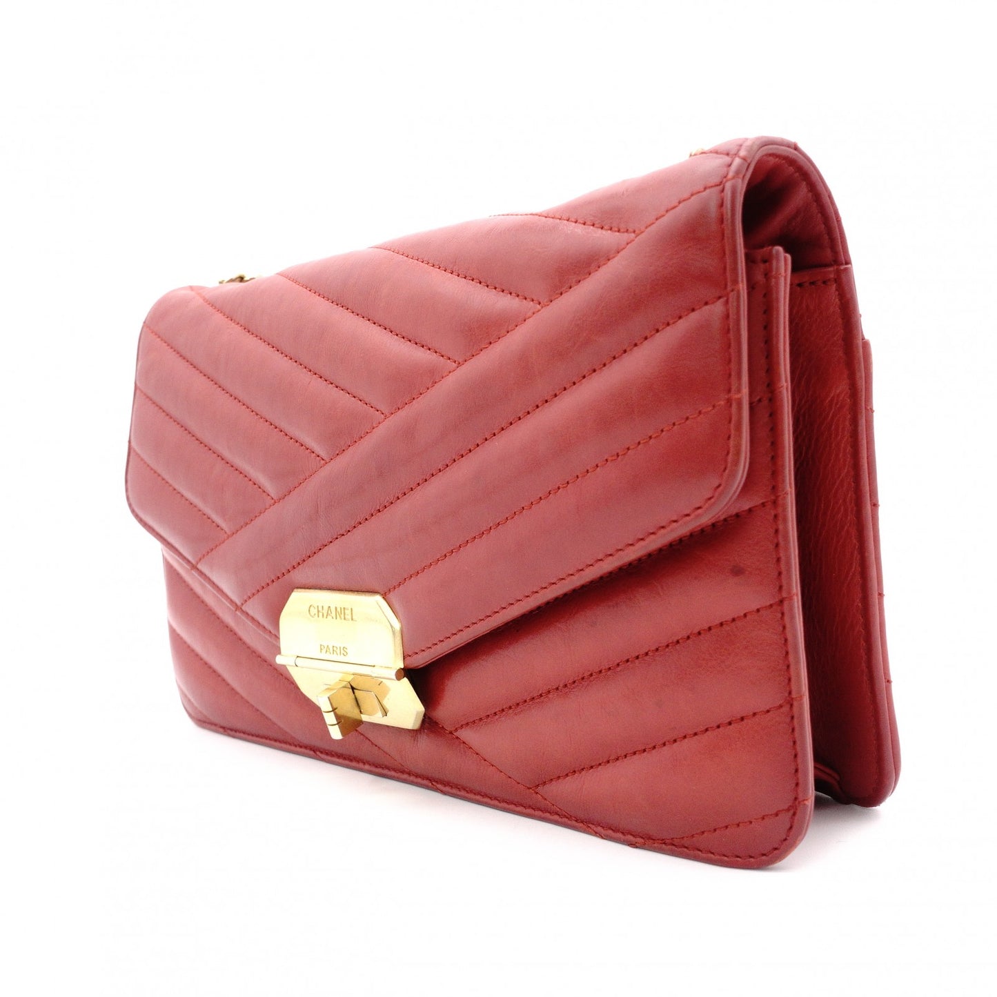 CHANEL Bias-Stitch Shoulder Bag, Leather, Red, Gold Hardware