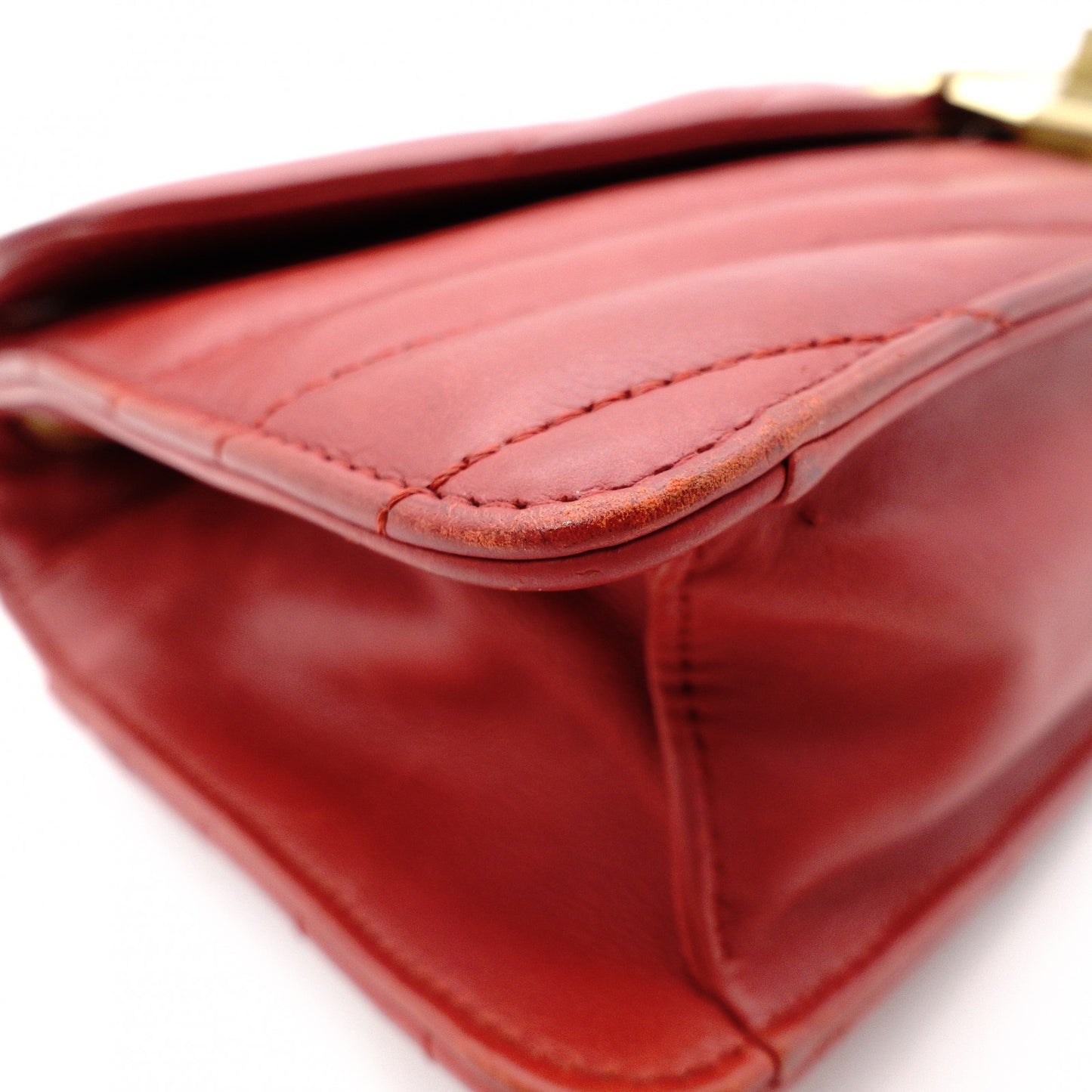 CHANEL Bias-Stitch Shoulder Bag, Leather, Red, Gold Hardware