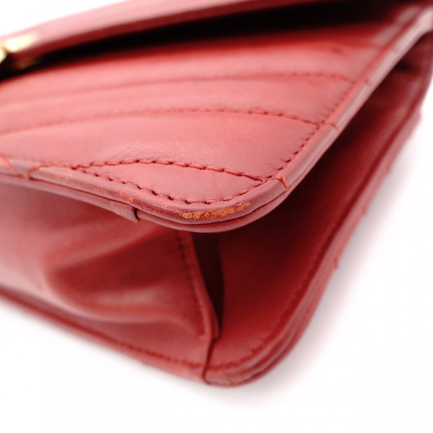 CHANEL Bias-Stitch Shoulder Bag, Leather, Red, Gold Hardware