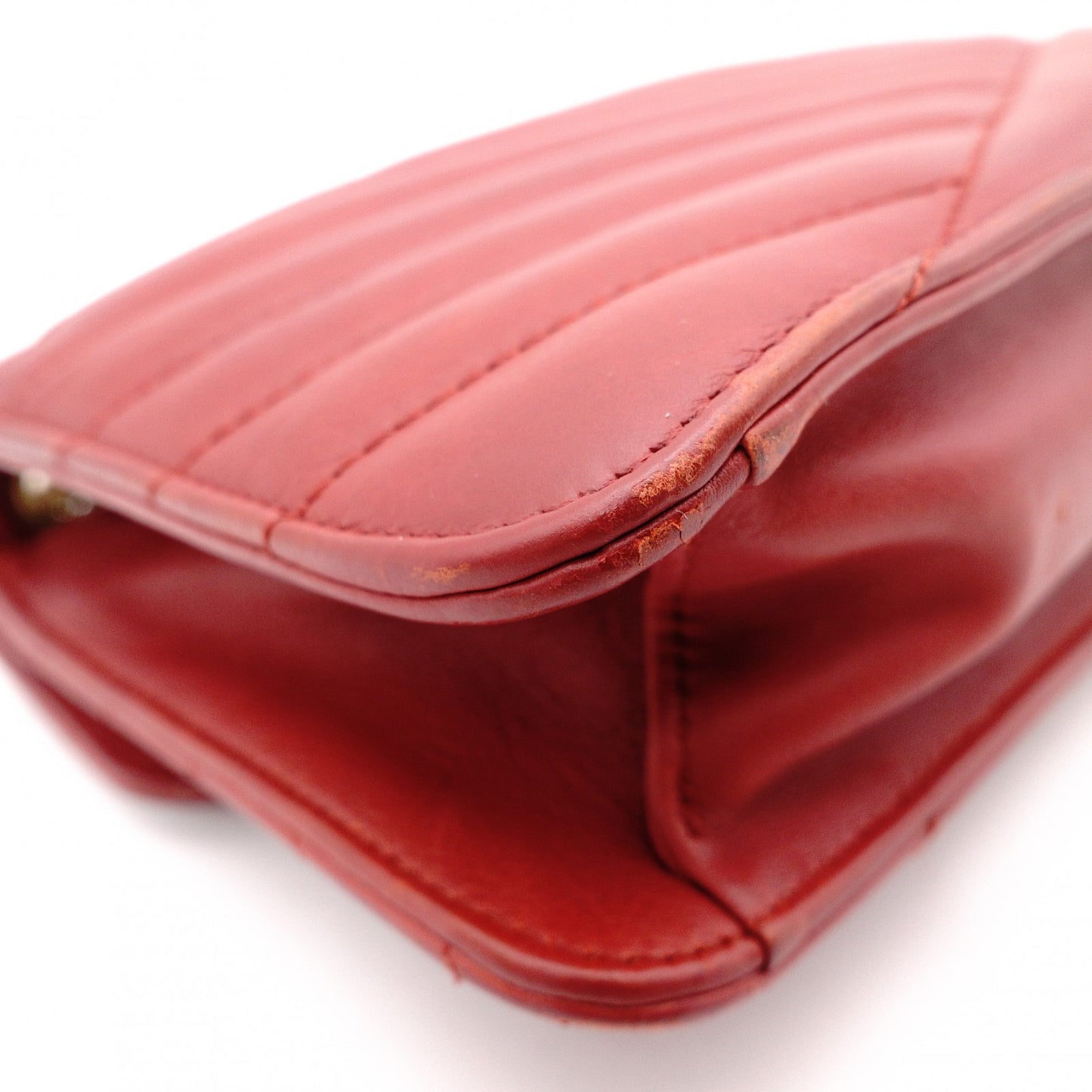 CHANEL Bias-Stitch Shoulder Bag, Leather, Red, Gold Hardware
