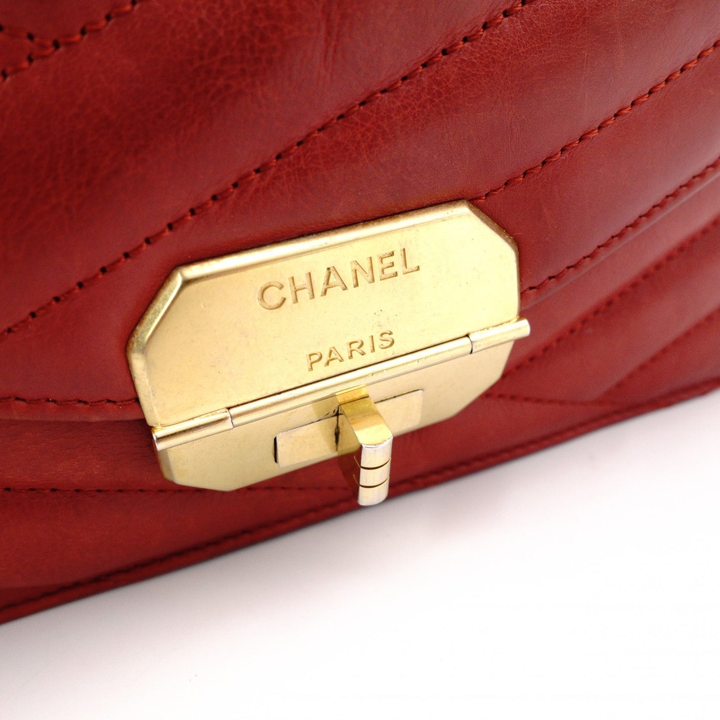 CHANEL Bias-Stitch Shoulder Bag, Leather, Red, Gold Hardware