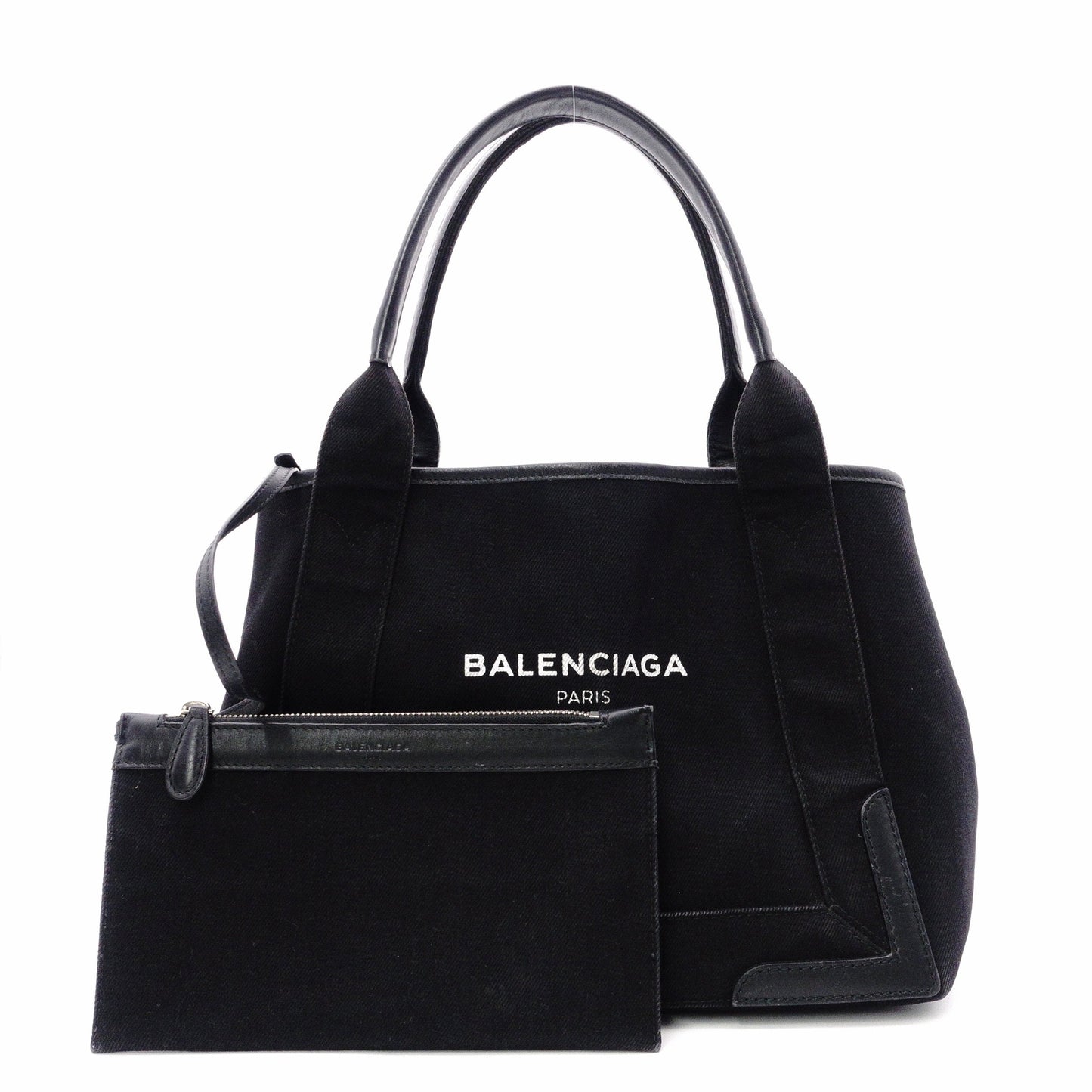BALENCIAGA Navy Cabas Handbag, Leather/Canvas, Black, with Pouch
