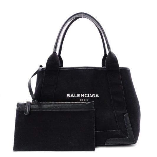 BALENCIAGA Navy Cabas Handbag, Leather/Canvas, Black, with Pouch