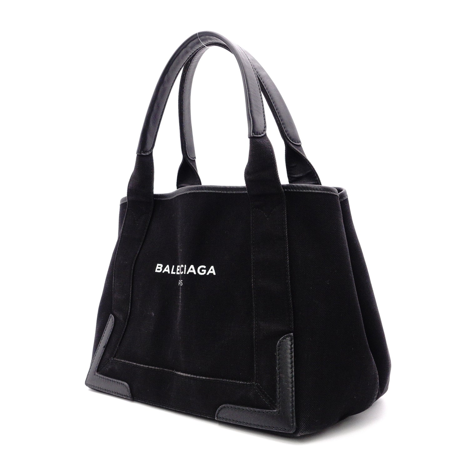 BALENCIAGA Navy Cabas Handbag, Leather/Canvas, Black, with Pouch