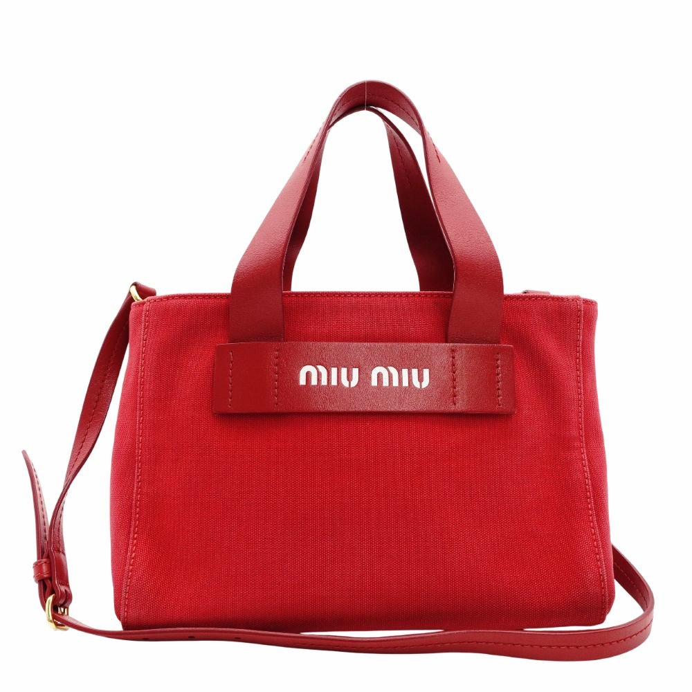 MIU MIU Canapa Handbag Red Canvas 2-Way Shoulder Bag Red Logo R801658