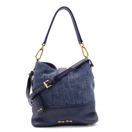 MIUMIU Madras Shoulder Bag, Denim, 2-Way, Blue, Gold Hardware
