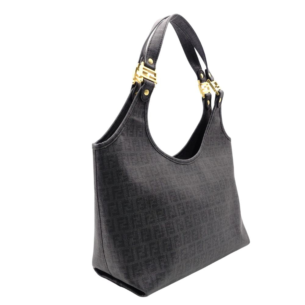 FENDI Zucchino Shoulder Bag Gray FF Logo PVC Gold Hardware