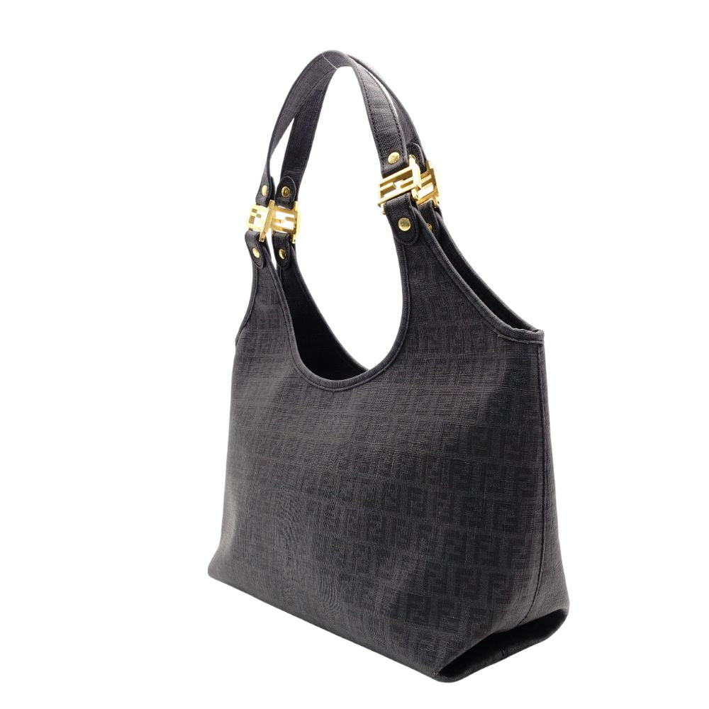 FENDI Zucchino Shoulder Bag Gray FF Logo PVC Gold Hardware