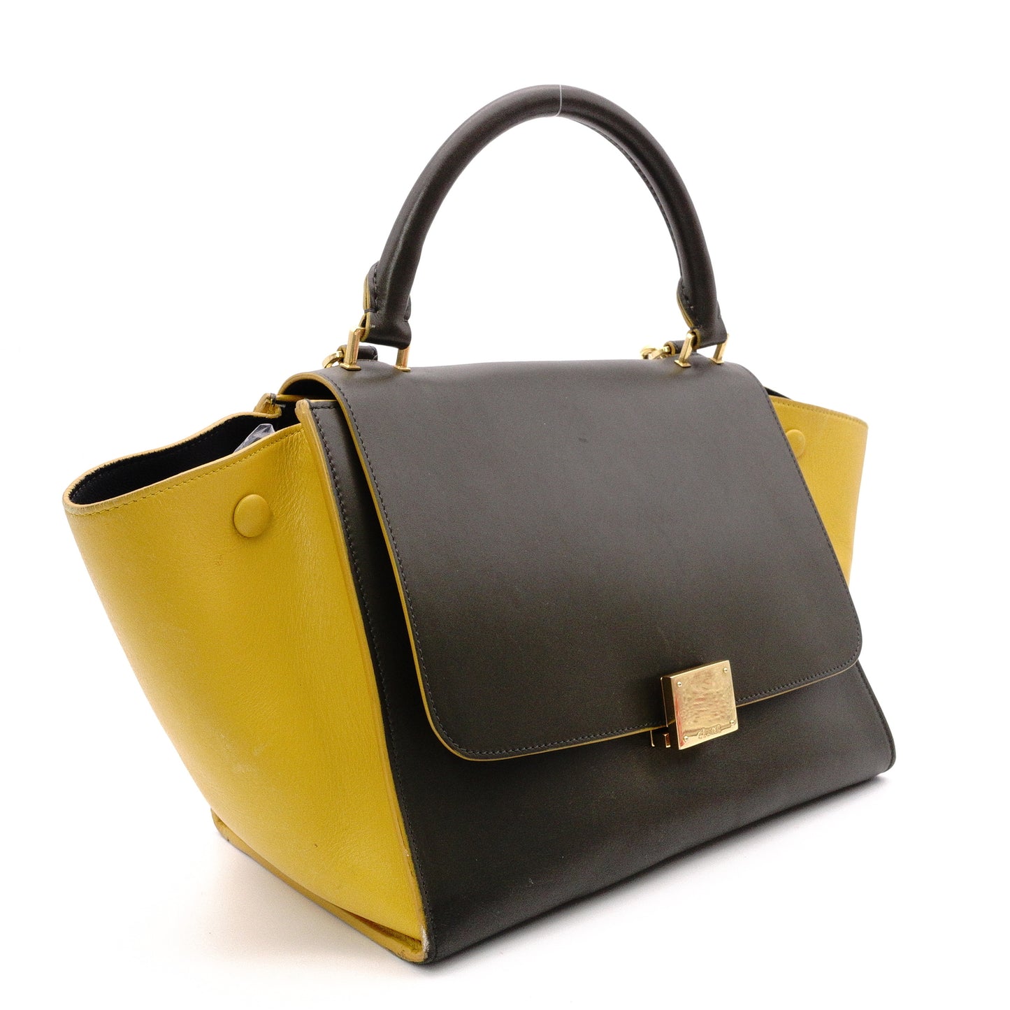 CELINE Trapeze Handbag, Leather, Yellow/Khaki, 2-Way Shoulder Bag, Gold Hardware