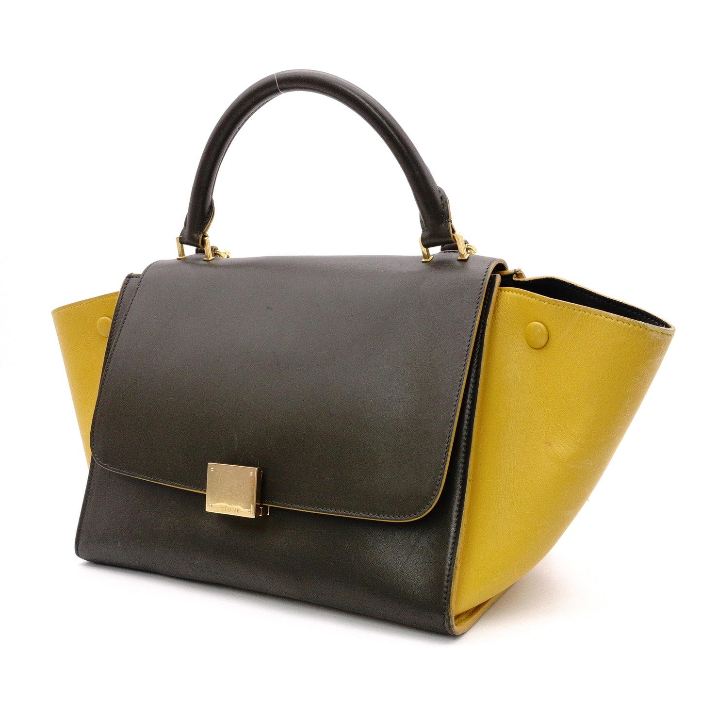 CELINE Trapeze Handbag, Leather, Yellow/Khaki, 2-Way Shoulder Bag, Gold Hardware