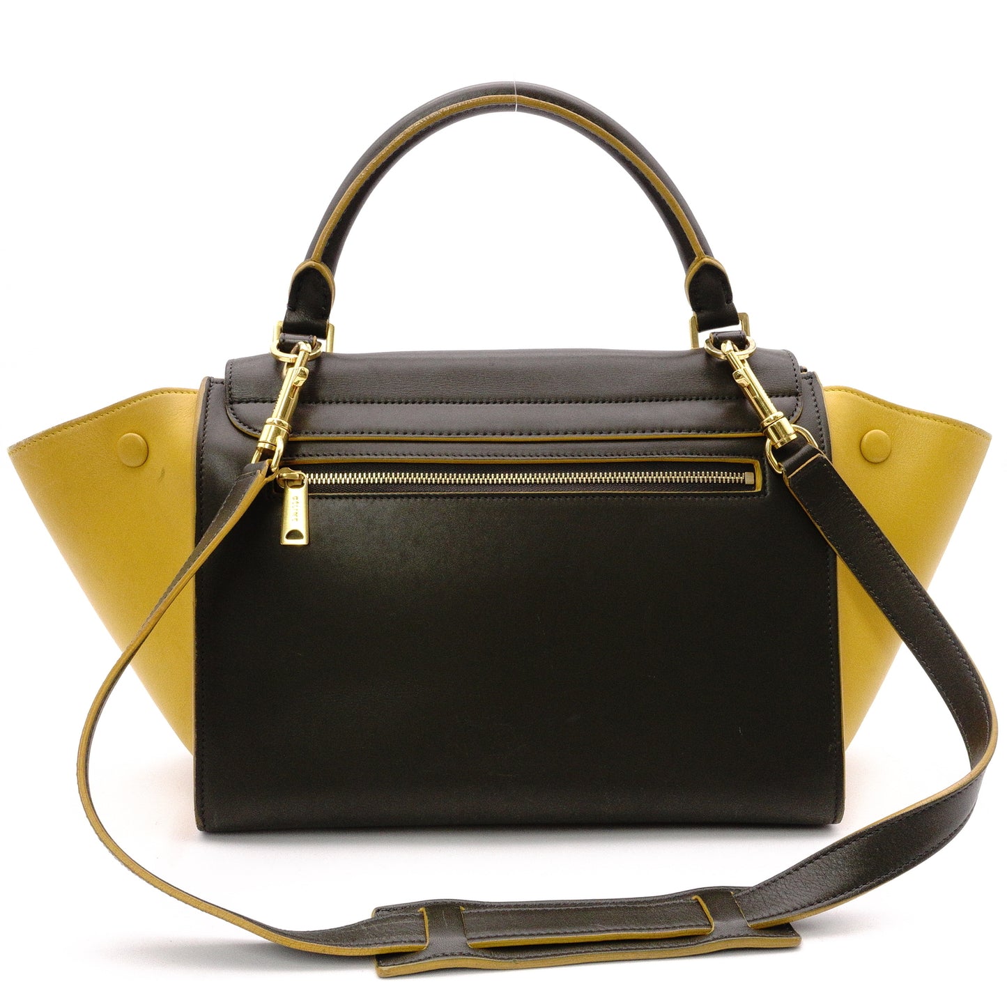 CELINE Trapeze Handbag, Leather, Yellow/Khaki, 2-Way Shoulder Bag, Gold Hardware