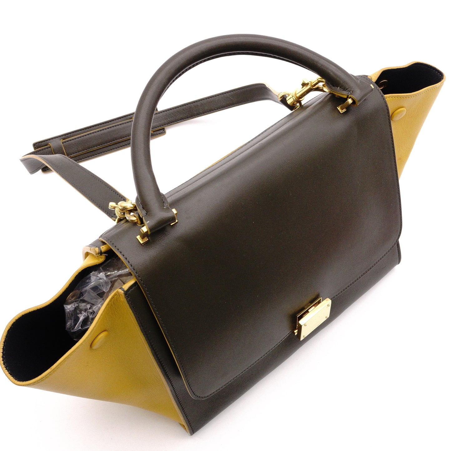 CELINE Trapeze Handbag, Leather, Yellow/Khaki, 2-Way Shoulder Bag, Gold Hardware