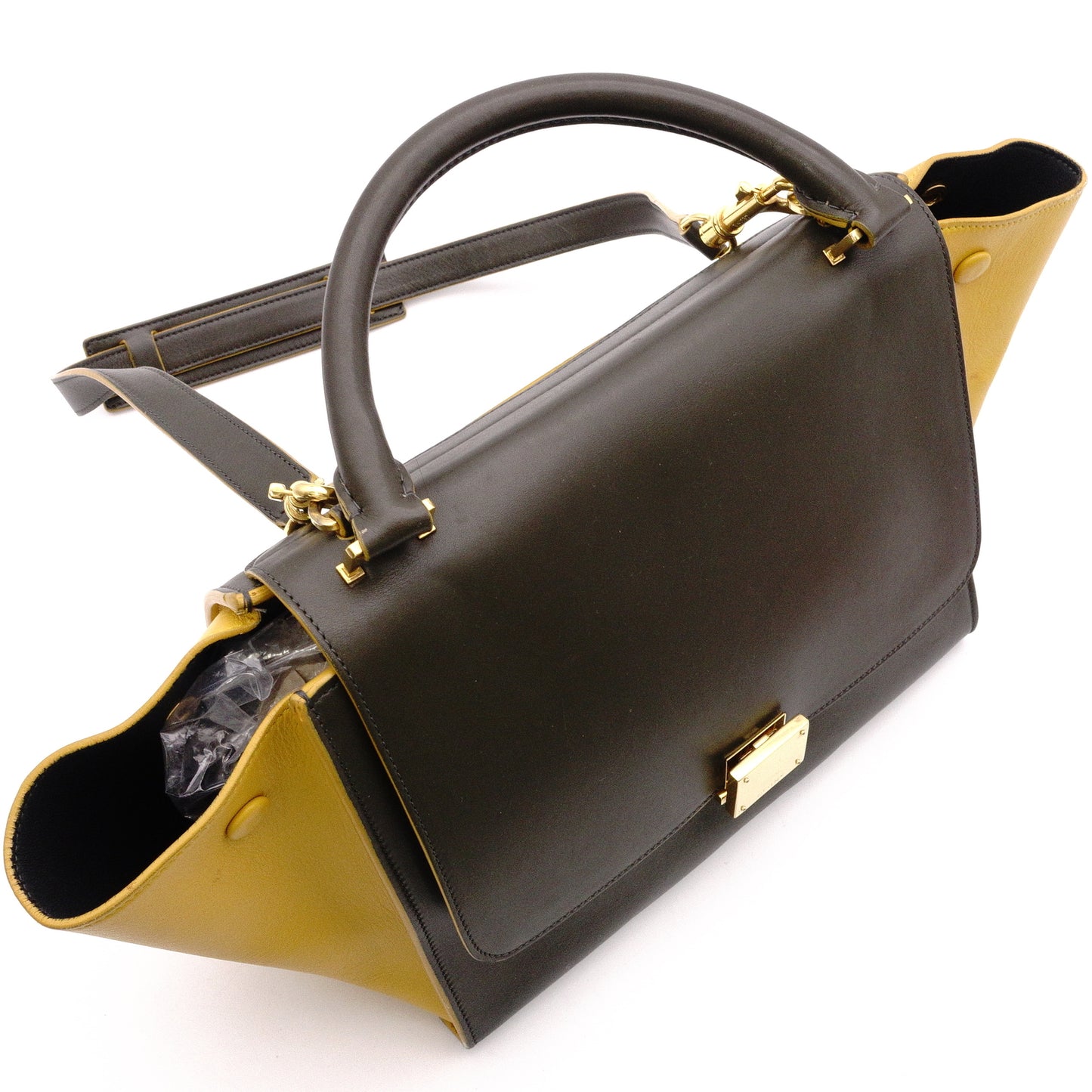 CELINE Trapeze Handbag, Leather, Yellow/Khaki, 2-Way Shoulder Bag, Gold Hardware