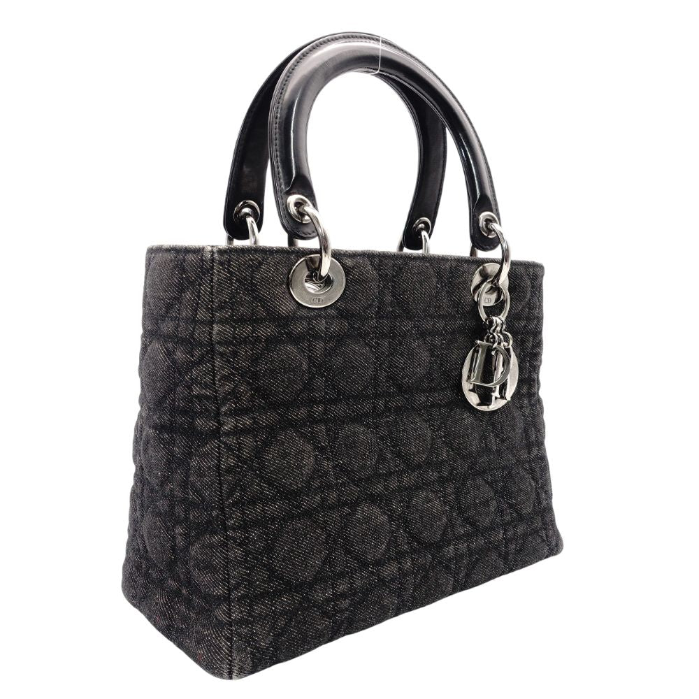 Christian Dior Lady Dior Handbag Black Canvas Black Gunmetal Hardware R801165