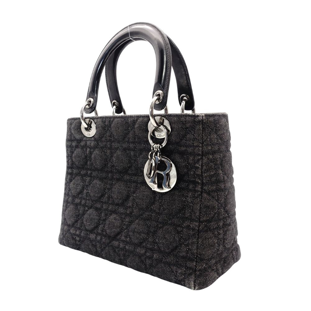 Christian Dior Lady Dior Handbag Black Canvas Black Gunmetal Hardware R801165