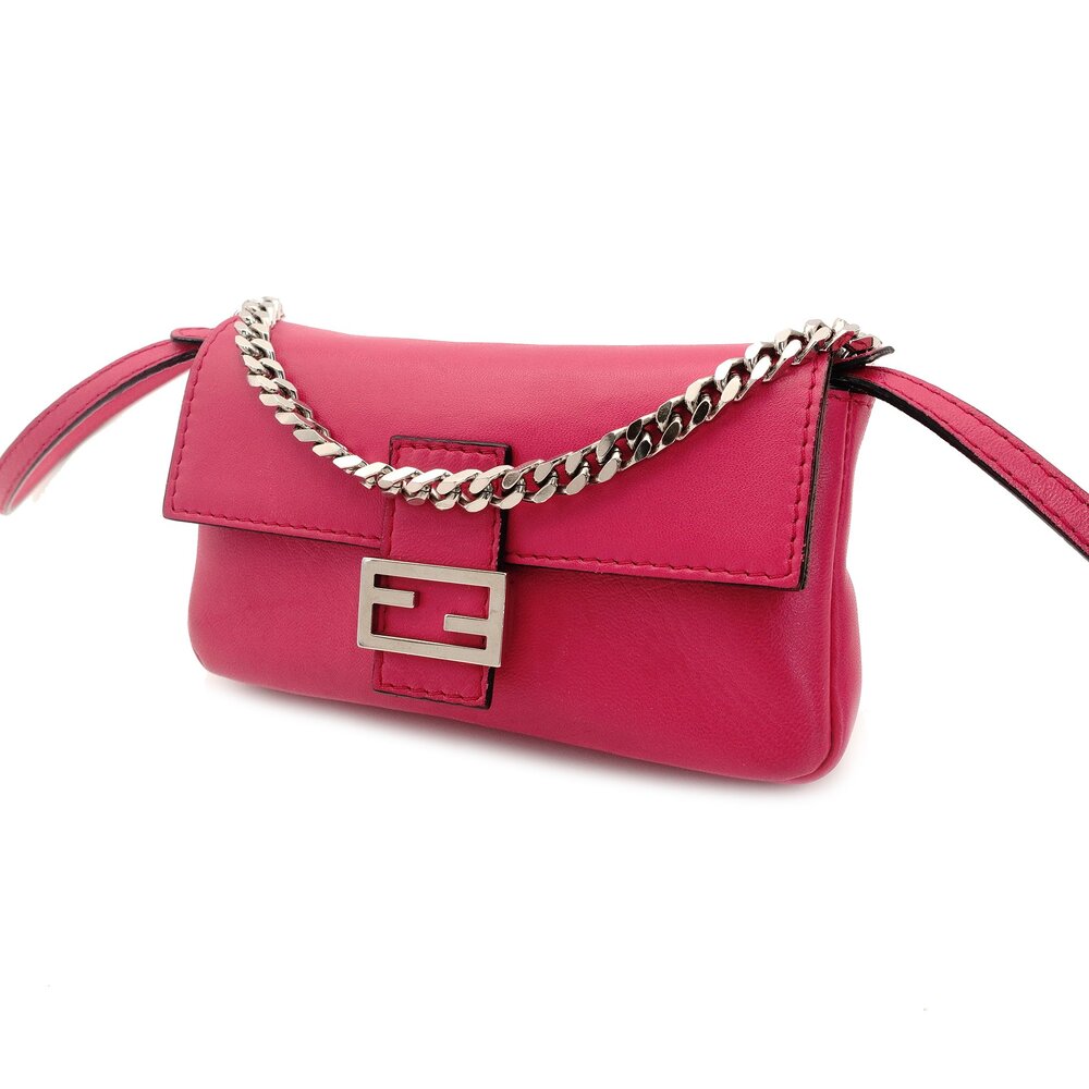 FENDI Micro Mamma Bucket Shoulder Bag Pink Leather FF Logo Silver Hardware Crossbody 7-10-057