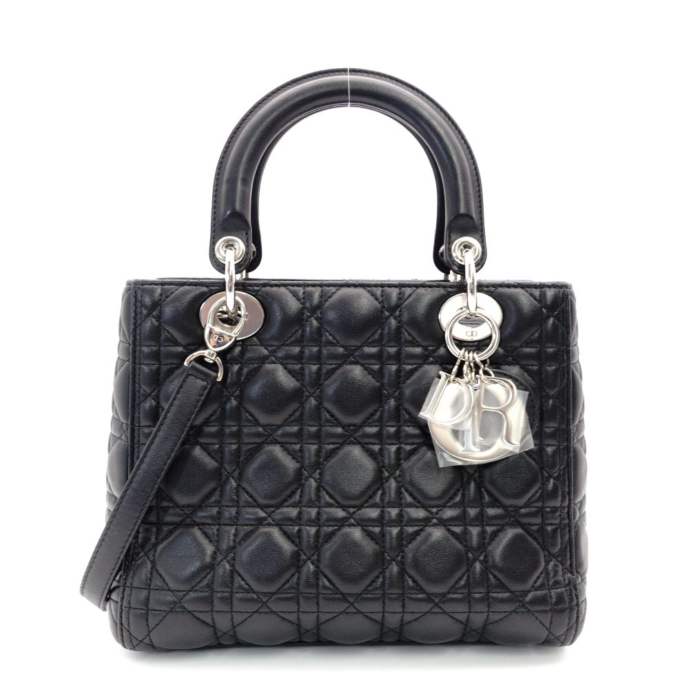 Christian Dior Lady Dior Handbag Black Leather 2-Way Shoulder Bag Silver Hardware Cannage R8011031