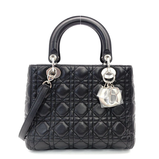 Christian Dior Lady Dior Handbag Black Leather 2-Way Shoulder Bag Silver Hardware Cannage R8011031