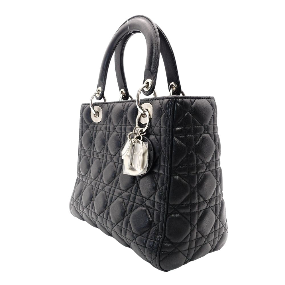Christian Dior Lady Dior Handbag Black Leather 2-Way Shoulder Bag Silver Hardware Cannage R8011031