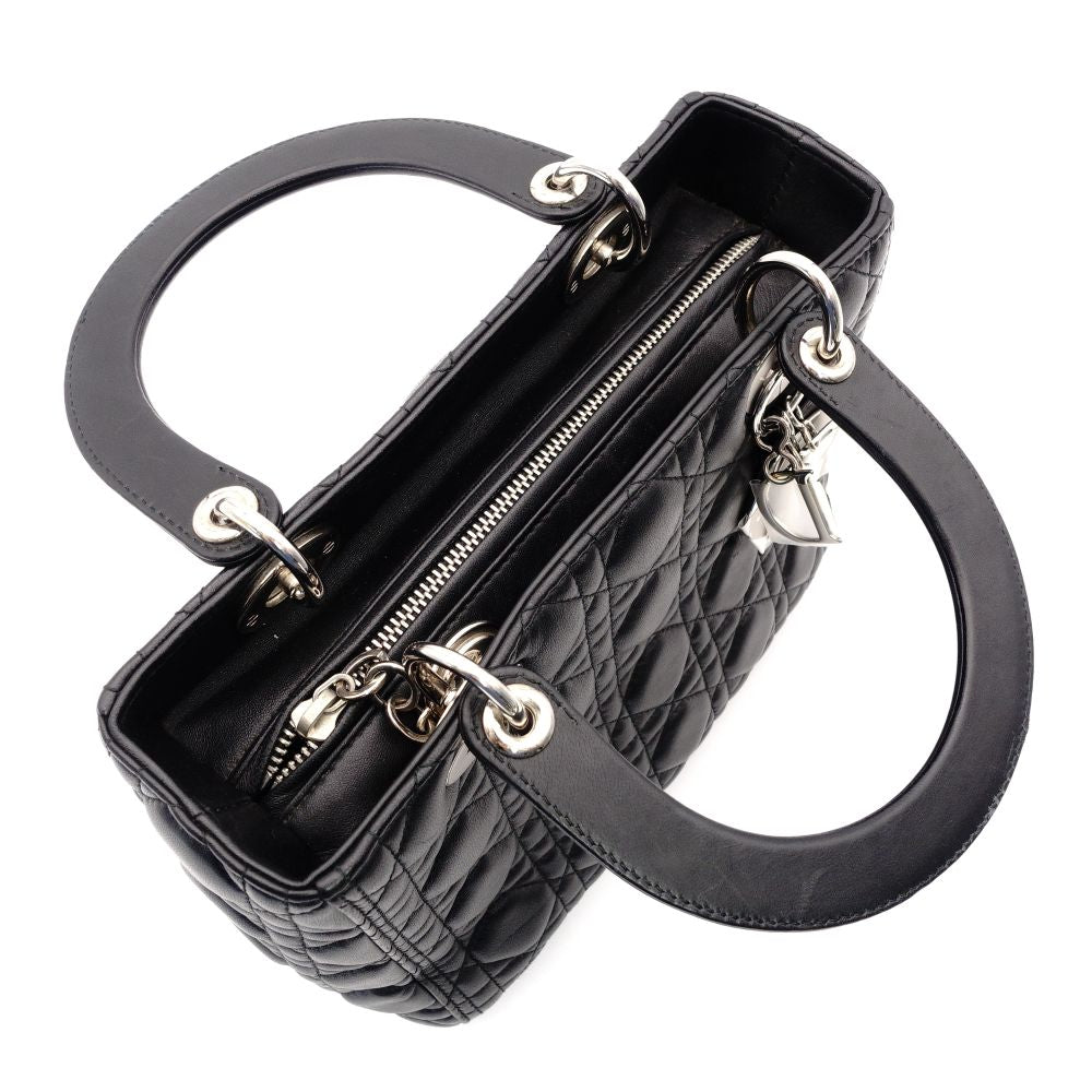 Christian Dior Lady Dior Handbag Black Leather 2-Way Shoulder Bag Silver Hardware Cannage R8011031