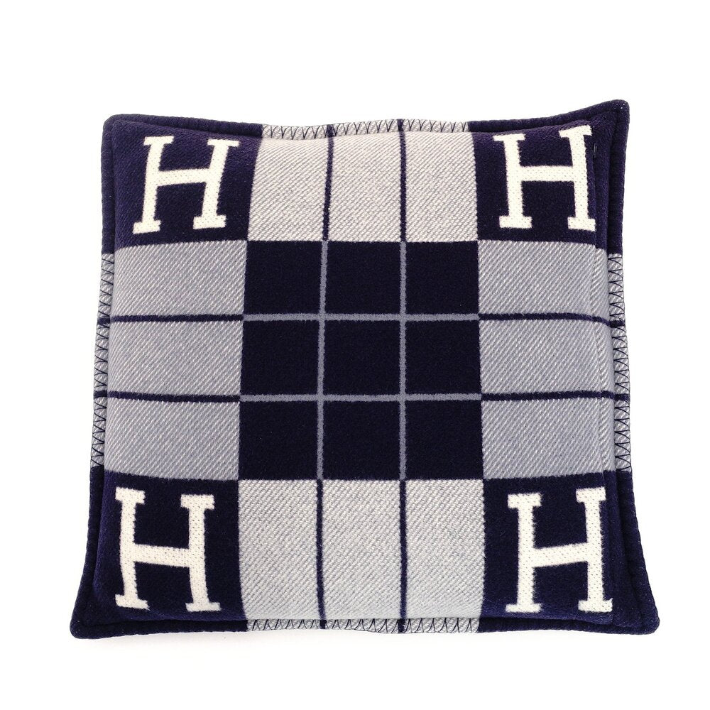 Hermès Cushion Avalon 3 PM Cushion Wool Cashmere Blend H Logo Navy Blue White 7-10-065