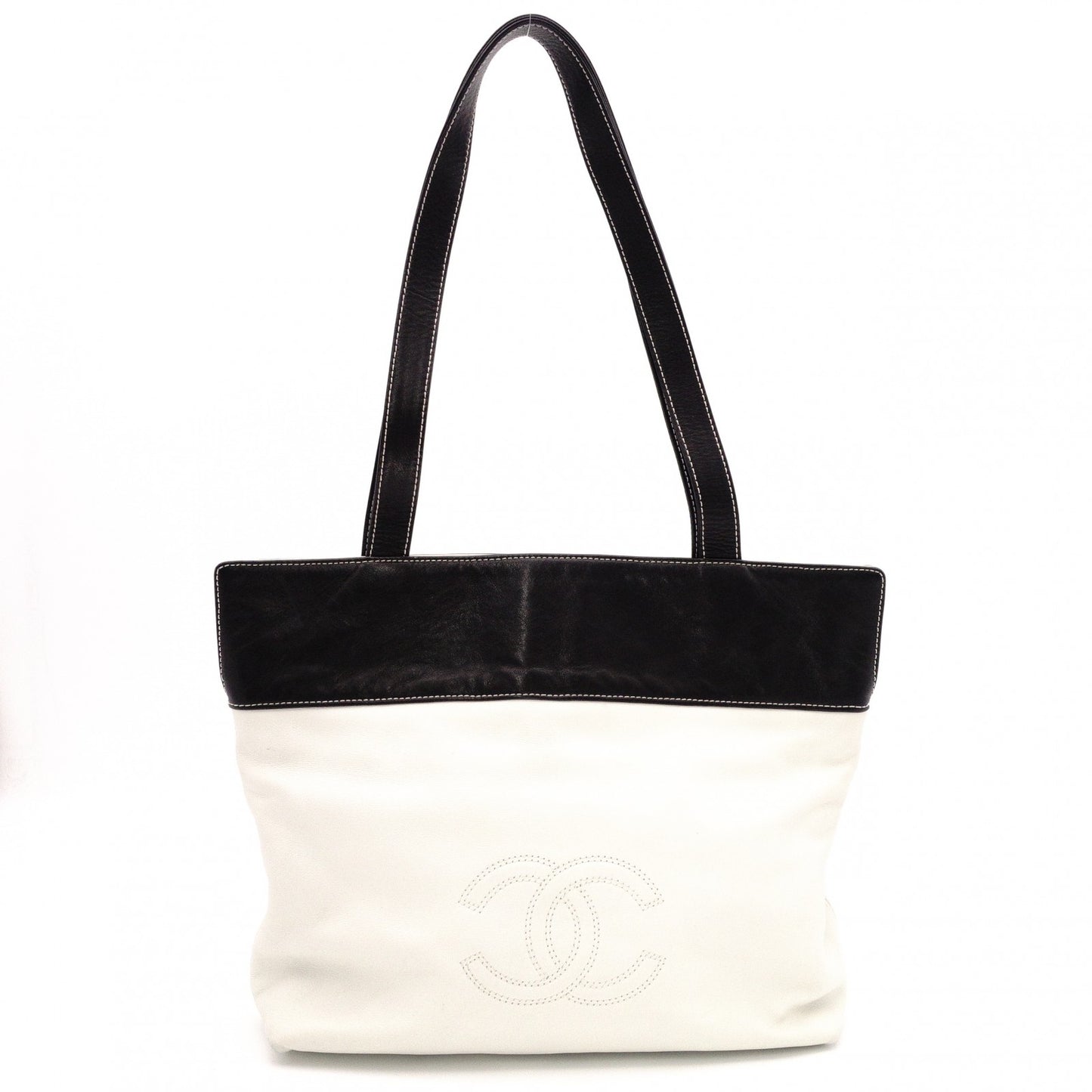 Chanel Lambskin Coco Logo Tote Bag, Leather, White, Women's, Two-tone, Black and White