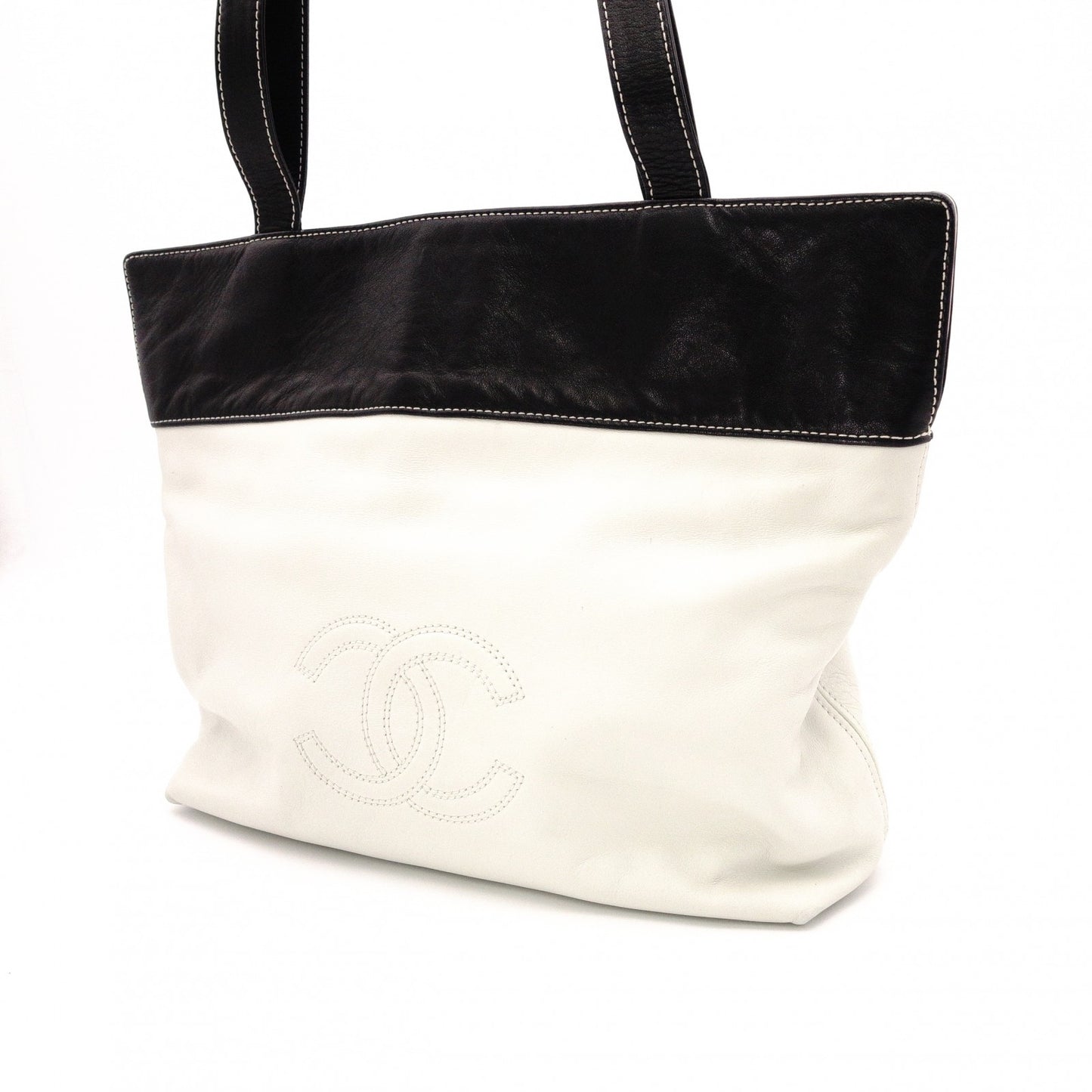 Chanel Lambskin Coco Logo Tote Bag, Leather, White, Women's, Two-tone, Black and White