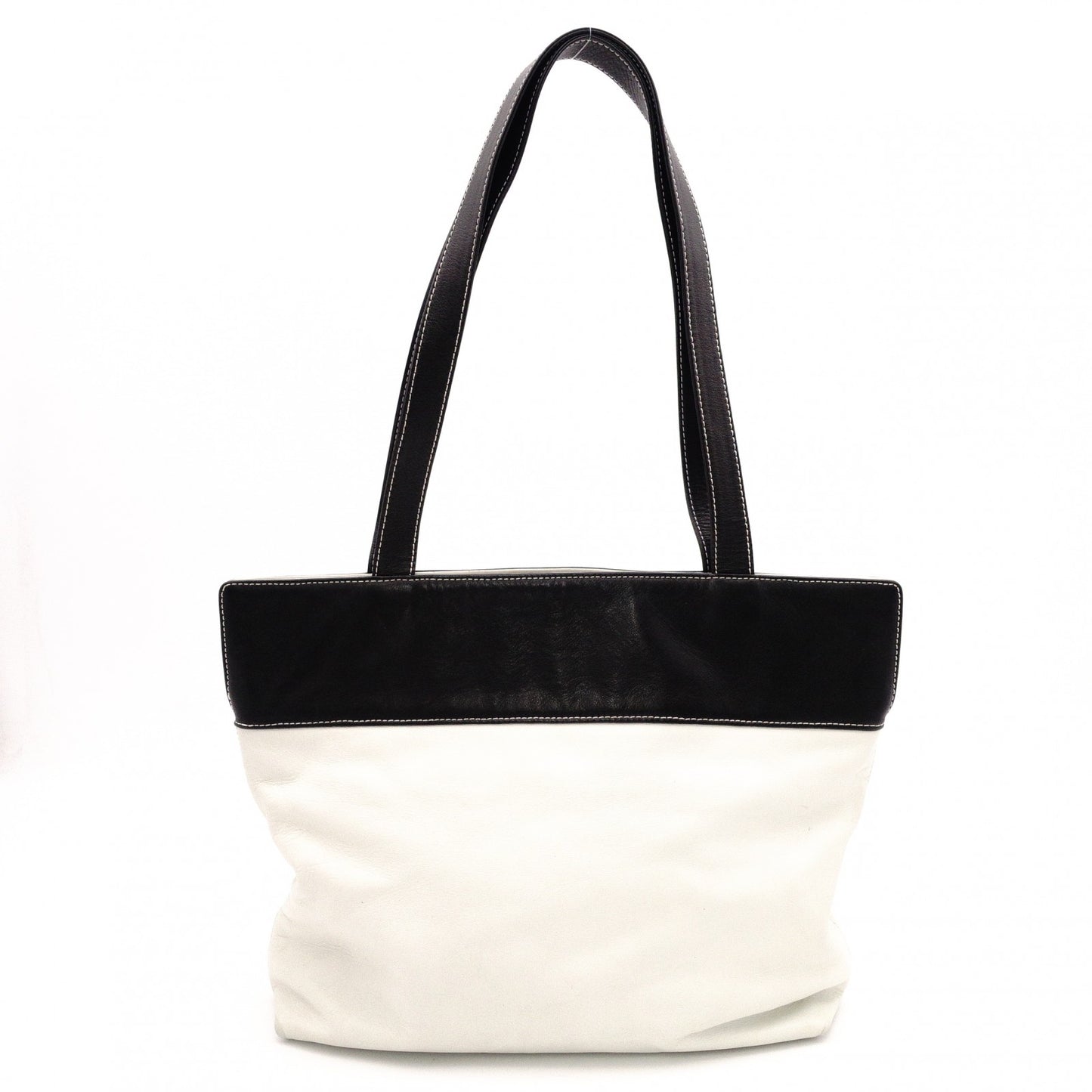 Chanel Lambskin Coco Logo Tote Bag, Leather, White, Women's, Two-tone, Black and White