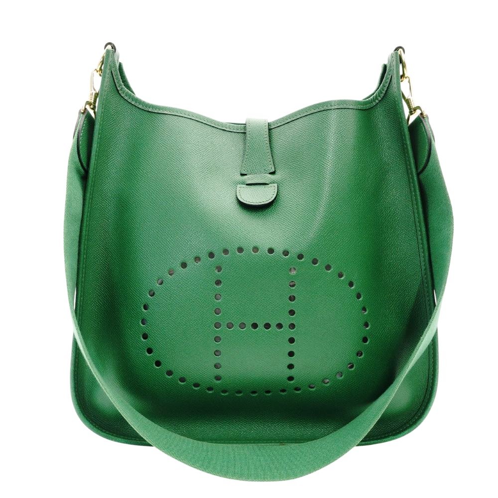HERMES Evelyn PM Green Epson Shoulder Bag Leather H Logo Gold Hardware □B Engraved R8020040
