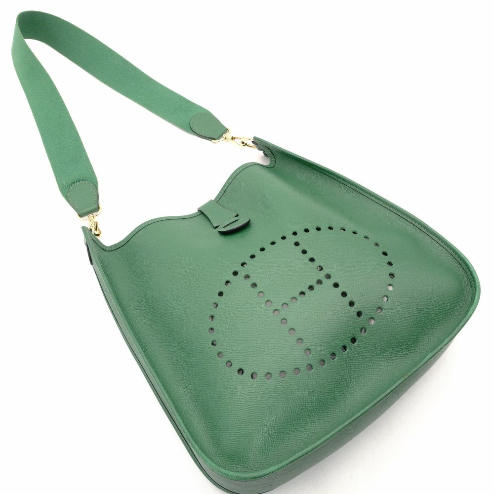 HERMES Evelyn PM Green Epson Shoulder Bag Leather H Logo Gold Hardware □B Engraved R8020040