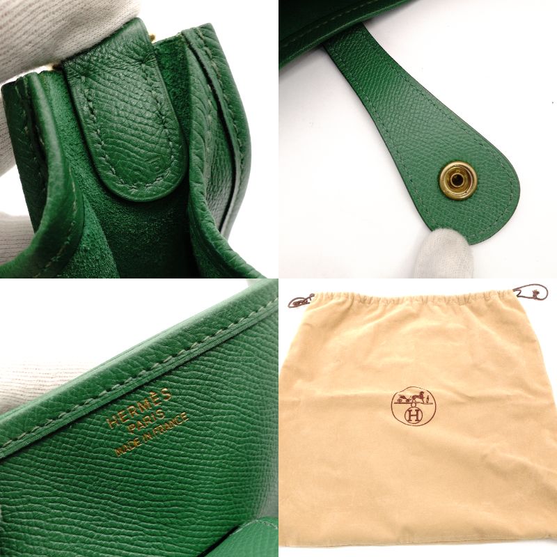HERMES Evelyn PM Green Epson Shoulder Bag Leather H Logo Gold Hardware □B Engraved R8020040