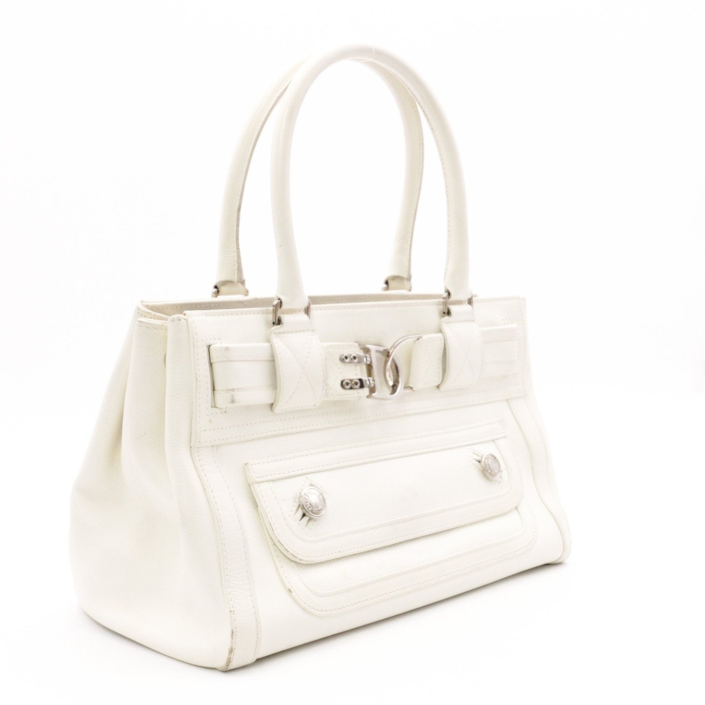 Christian Dior Flightline Shoulder Bag, Leather, White, Silver Hardware, CD Logo